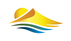 Abstract sun and waves design with yellow and blue elements.