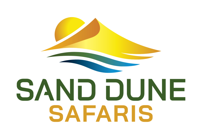 Sand Dune Safaris logo with sun and dune graphic.